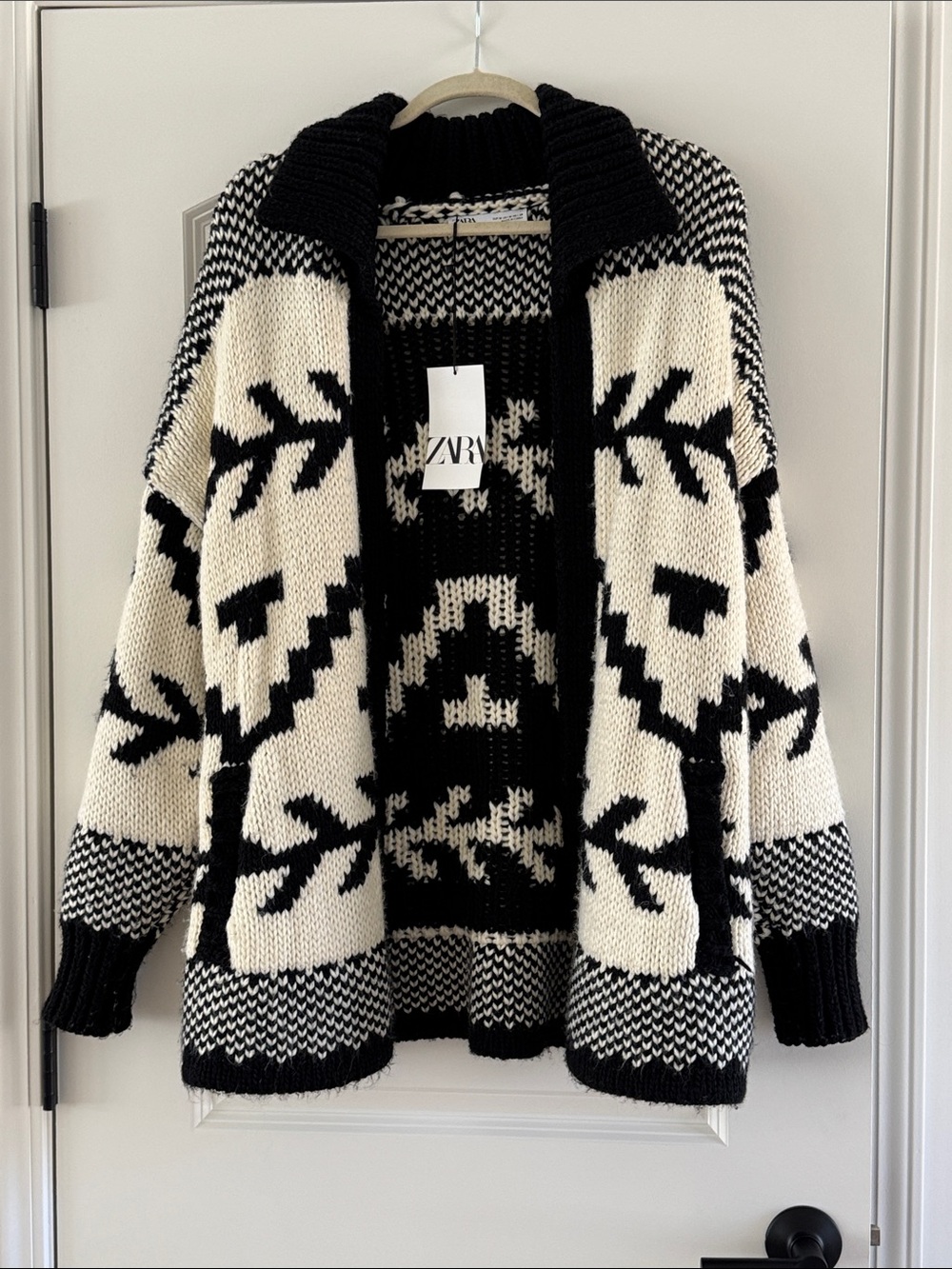 Zara Black & Cream Geometric Open-Front Cardigan